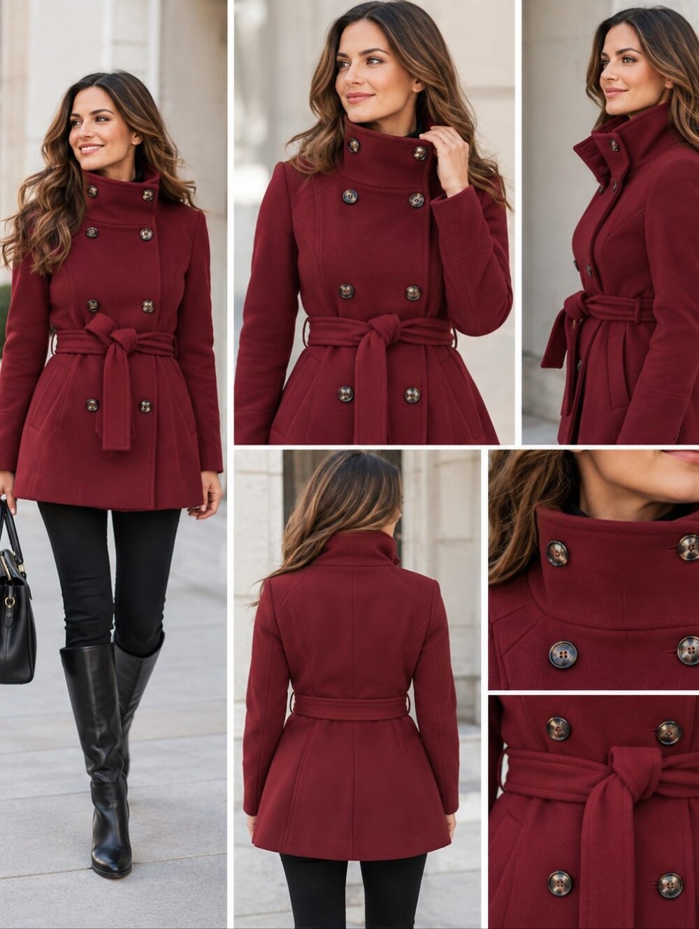 Calvin Klein Women's Funnel Collar Double-Breasted Belted Peacoat Deep Red